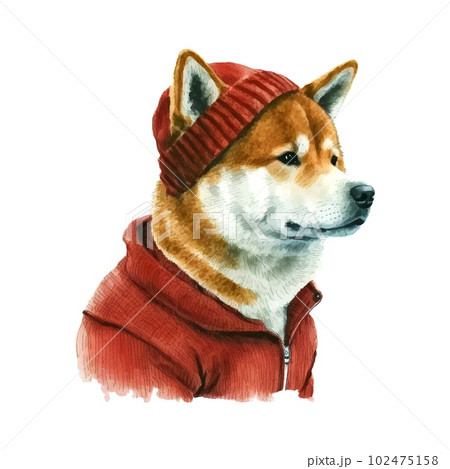 Card with watercolor akita christmas New year red hat. Christmas vector. Funny puppy. Vector cartoon illustration 102475158