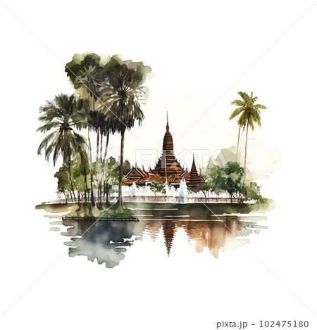 Green scenic landscape thailand watercolor white background for wallpaper design. Summer vacation. Travel background. Blue background. Summer seascape. 102475180