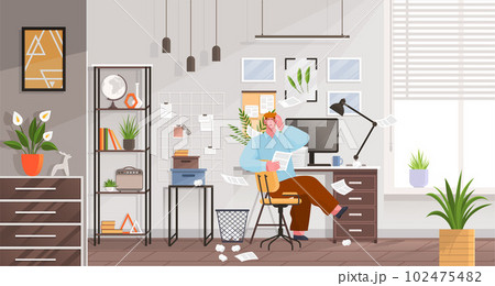 Confusion and mess. Stressed man office worker spreading paper. Tired confused worker in home office Confusion and mess. Stressed man office worker spreading paper. Tired confused worker in home office 102475482