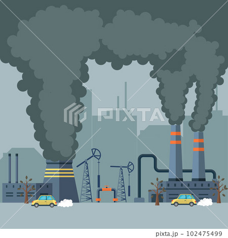 Toxic smoke from industrial factories floating in air. Causing pollution, destroying environment Toxic smoke from industrial factories floating in air. Causing pollution, destroying environment 102475499