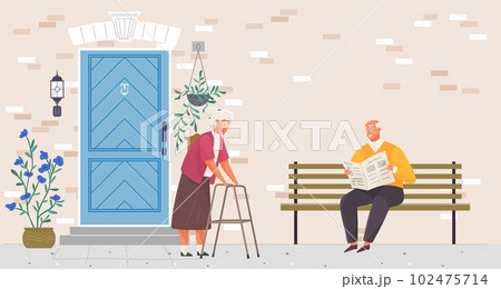 Senior lady and gentleman with silver hair walking together around house. Old age couple outdoors 102475714