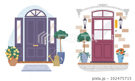 Set of different house entrances porches and closed doors. Entries to apartments with colored window 102475715