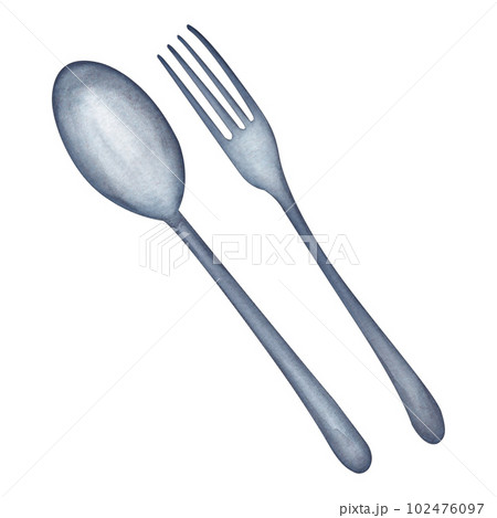 Watercolor illustration of metallic spoon and fork for camping. Steel kitchenware. 102476097