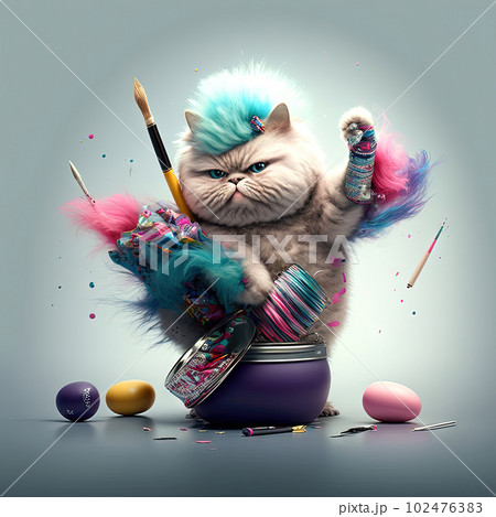 Cute fluffy kitten playing with the makeup. Colorful cosmetics and funny cat. Generated AI. Cute fluffy kitten playing with the makeup. Colorful cosmetics and funny cat. Generated AI. 102476383