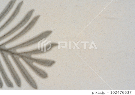 Background of palm leaf shadow on light beach sand with a place for text. Top view. Background of palm leaf shadow on light beach sand with a place for text. Top view. 102476637