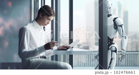 Humanoid android cyborg, insta man working on smartphone at day in crystals lights office. 3d rendering 102476661