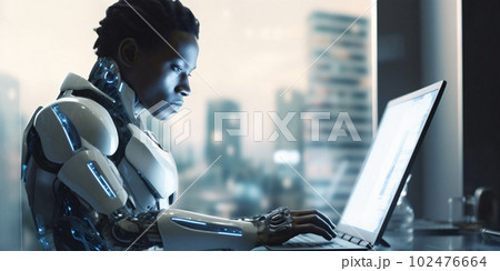 Man humanoid android cyborg, insta man working on laptop at day in crystals lights office. Generative AI 102476664