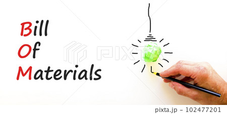 BOM bill of materials symbol. Concept words BOM bill of materials on beautiful white paper. Beautiful white table white background. Business and BOM bill of materials concept. Copy space. 102477201