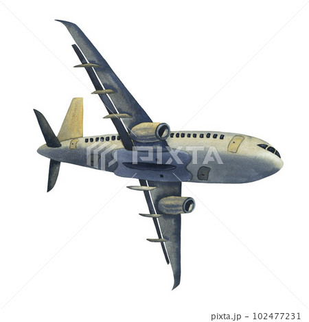 A plane, one turbine on wings flying into the air. Painted in watercolor isolated on a white background for an illustration of logistics, travelling 102477231