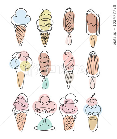 A set of contour drawings of various types of ice cream. Black line with color. Food illustration, vector A set of contour drawings of various types of ice cream. Black line with color. Food illustration, vector 102477728