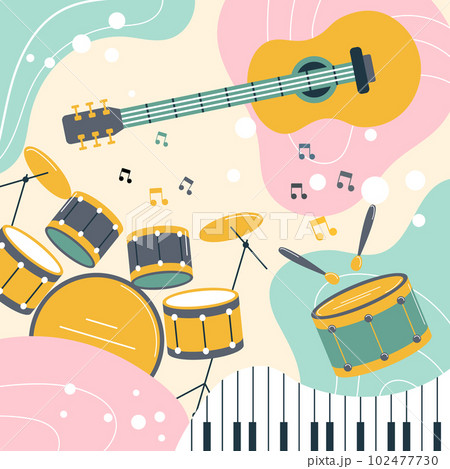 Musical instruments on a colored background in boho style. Pastel colors. Background, poster, print, vector Musical instruments on a colored background in boho style. Pastel colors. Background, poster, print, vector 102477730