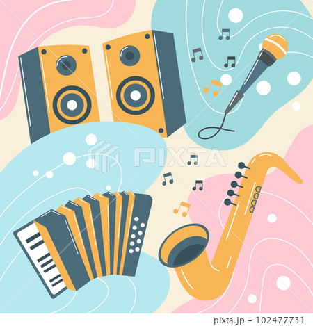 Musical instruments on a colored background in boho style. Pastel colors. Background, poster, print, vector 102477731