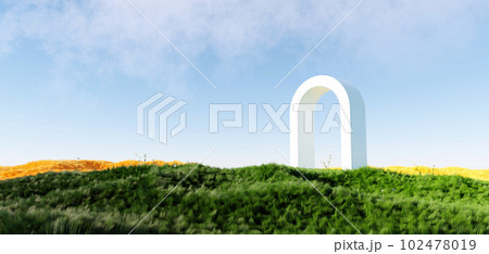 3d render Surreal green shaggy surface Grassland mountain landscape background in minimal concept, abstract fantastic dune, panoramic, futuristic beauty meadow.copy space, blue sky and cloudy 102478019