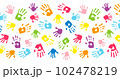 Multicolor different hand prints, background made from colorful handprints. Palms and fingers colored in rainbow colors. Multicolor pattern for your design. 102478219