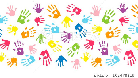 Multicolor different hand prints, background made from colorful handprints. Palms and fingers colored in rainbow colors. Multicolor pattern for your design. 102478219