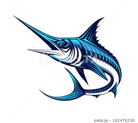 Ai generated cartoon blue marlin mascot. Isolated emblem of swordfish for fishing club or sports team. Powerful and majestic creature with sharp bill, character for sports team, events, and promotions Ai generated cartoon blue marlin mascot. Isolated emblem of swordfish for fishing club or sports team. Powerful and majestic creature with sharp bill, character for sports team, events, and promotions 102478230