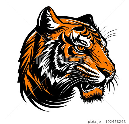 AI generated cartoon tiger mascot, animal head or wild predator face, vector sport team emblem. Tiger mascot of sport club or league, aggressive angry tiger head for tattoo, AI generated animal 102478248