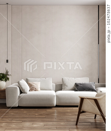 Beige living room with white couch. Modern interior design. Space beige background for mockup. 3d rendering 102478637