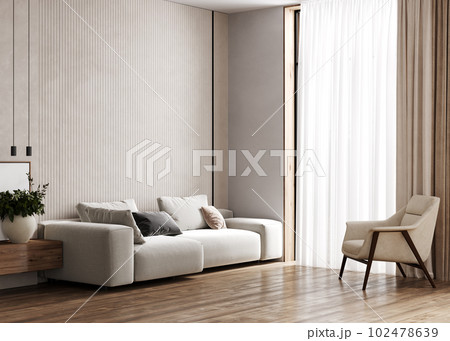 Stylish beige living room interior with couch and armchair, panoramic window, 3d rendering 102478639