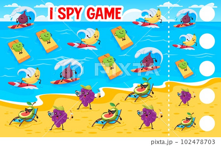 I spy game worksheet, cartoon funny fruits on summer beach vacation. Kids vector riddle how many figs, bananas, apples, grapes and avocado. Children test, education task for baby mind development 102478703