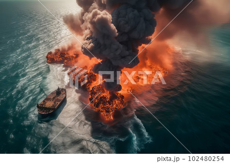 Aerial view of Cargo tanker ship explosion with fire and smoke. Generative AI illustration 102480254