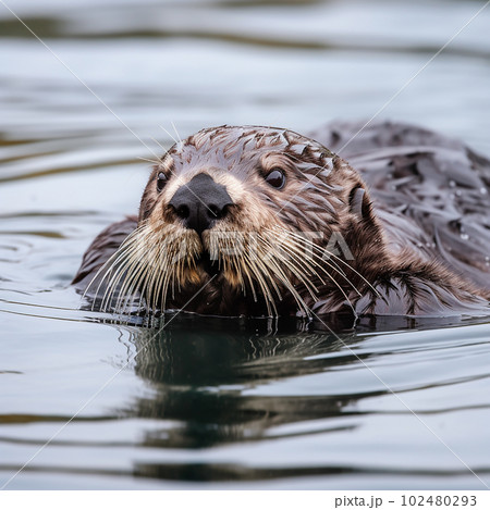 Sea otter swims in water close-up portrait, unusual animal Sea otter swims in water close-up portrait, unusual animal 102480293