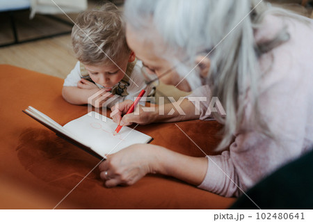 Grandmother drawing in a notepad with her little grandson. 102480641
