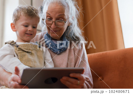 Grandmother looking fairytale with her grandson on digital tablet. 102480671