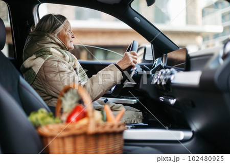 Senior woman riding car, coming home from grocery. Senior woman riding car, coming home from grocery. 102480925