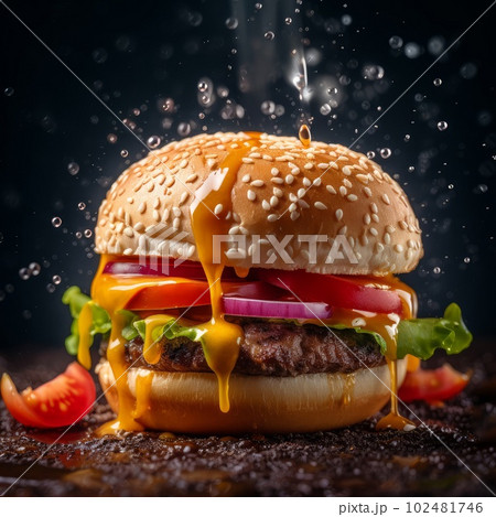 Juicy burger photorealistic illustration on abstract background. Delicious American takeaway street food with meat made on grill. Fast-casual snack. AI generated realistic illustration of cheeseburger 102481746