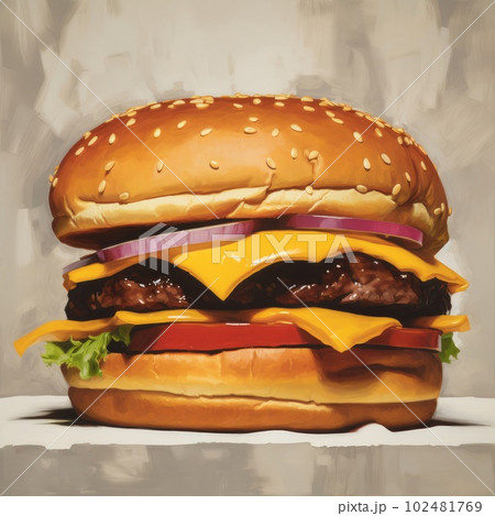 Juicy burger painting on abstract background. Delicious American takeaway street food with meat made on grill. Fast-casual snack. AI generated artistic drawing of cheeseburger. Juicy burger painting on abstract background. Delicious American takeaway street food with meat made on grill. Fast-casual snack. AI generated artistic drawing of cheeseburger. 102481769