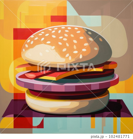 Juicy burger painting on abstract background. Delicious American takeaway street food with meat made on grill. Fast-casual snack. AI generated artistic drawing of cheeseburger. 102481771