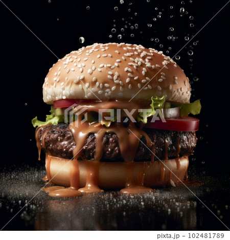 Juicy burger photorealistic illustration on abstract background. Delicious American takeaway street food with meat made on grill. Fast-casual snack. AI generated realistic illustration of cheeseburger 102481789