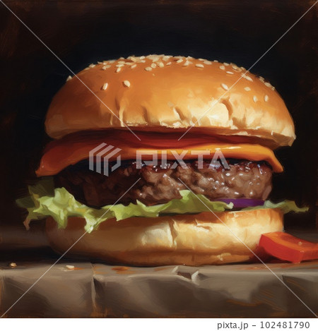 Juicy burger photorealistic illustration on abstract background. Delicious American takeaway street food with meat made on grill. Fast-casual snack. AI generated realistic illustration of cheeseburger 102481790