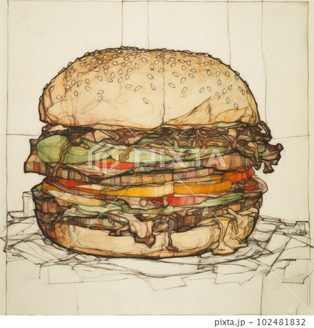 Juicy burger painting on abstract background. Delicious American takeaway street food with meat made on grill. Fast-casual snack. AI generated artistic drawing of cheeseburger. 102481832