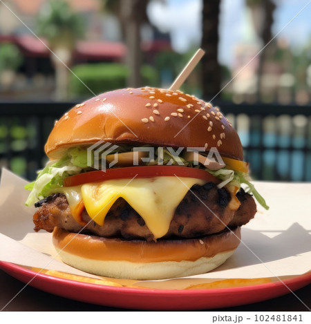 Juicy burger photorealistic illustration on abstract background. Delicious American takeaway street food with meat made on grill. Fast-casual snack. AI generated realistic illustration of cheeseburger Juicy burger photorealistic illustration on abstract background. Delicious American takeaway street food with meat made on grill. Fast-casual snack. AI generated realistic illustration of cheeseburger 102481841