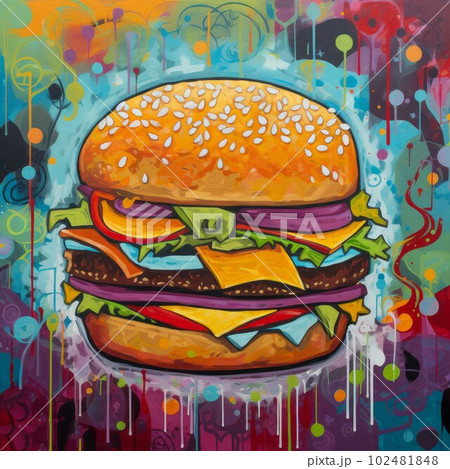 Juicy burger painting on abstract background. Delicious American takeaway street food with meat made on grill. Fast-casual snack. AI generated artistic drawing of cheeseburger. Juicy burger painting on abstract background. Delicious American takeaway street food with meat made on grill. Fast-casual snack. AI generated artistic drawing of cheeseburger. 102481848