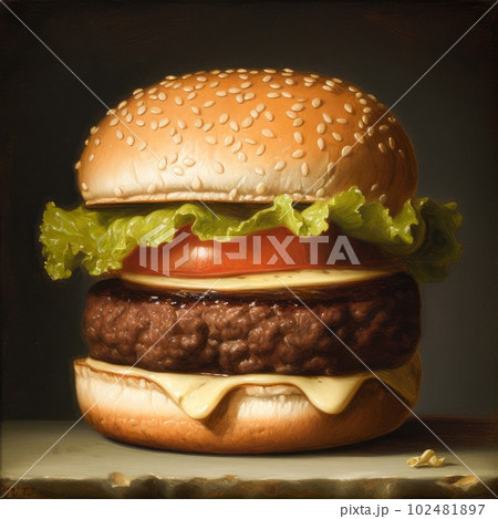 Juicy burger photorealistic illustration on abstract background. Delicious American takeaway street food with meat made on grill. Fast-casual snack. AI generated realistic illustration of cheeseburger 102481897