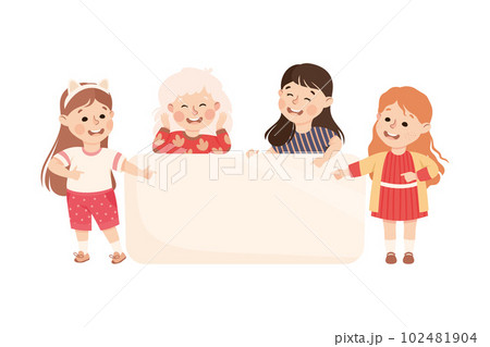 Group of happy kids holding blank banner together. Happy little girls standing with empty white board or placard vector illustration 102481904