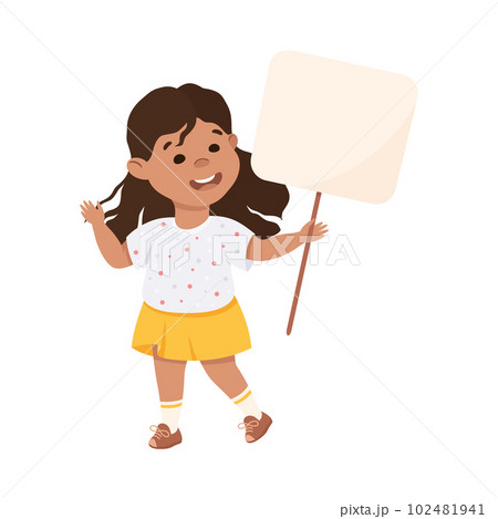 Happy Girl Holding Banner or Poster with Empty Space Vector Illustration 102481941