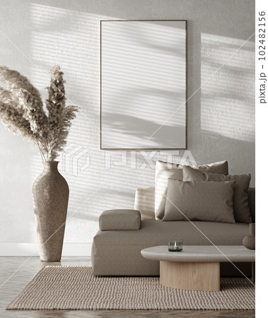 Contemporary classic white beige interior with furniture, dry leaves in vase and decor. 3d rendering illustration mockup. High quality 3d illustration 102482156