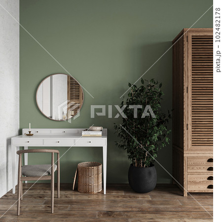 Realistic blank empty space on stylish modern dressing table for beauty make up cosmetic skincare with round mirror. 3d rendering. High quality 3d illustration 102482178