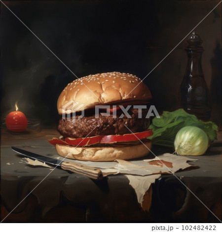 Juicy burger photorealistic illustration on abstract background. Delicious American takeaway street food with meat made on grill. Fast-casual snack. AI generated realistic illustration of cheeseburger Juicy burger photorealistic illustration on abstract background. Delicious American takeaway street food with meat made on grill. Fast-casual snack. AI generated realistic illustration of cheeseburger 102482422
