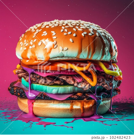 Juicy burger painting on abstract background. Delicious American takeaway street food with meat made on grill. Fast-casual snack. AI generated artistic drawing of cheeseburger. Juicy burger painting on abstract background. Delicious American takeaway street food with meat made on grill. Fast-casual snack. AI generated artistic drawing of cheeseburger. 102482423