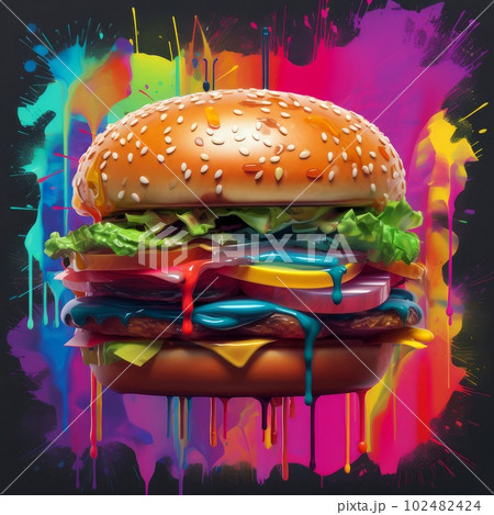 Juicy burger painting on abstract background. Delicious American takeaway street food with meat made on grill. Fast-casual snack. AI generated artistic drawing of cheeseburger. 102482424