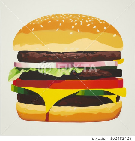 Juicy burger illustration on abstract background. Delicious American takeaway street food with meat made on grill. Fast-casual snack. AI generated realistic illustration of cheeseburger. 102482425