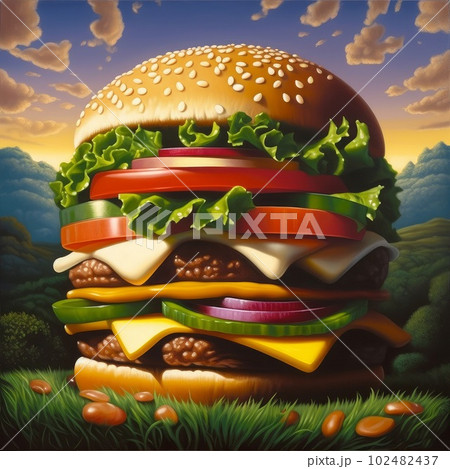 Juicy burger illustration on abstract background. Delicious American takeaway street food with meat made on grill. Fast-casual snack. AI generated realistic illustration of cheeseburger. Juicy burger illustration on abstract background. Delicious American takeaway street food with meat made on grill. Fast-casual snack. AI generated realistic illustration of cheeseburger. 102482437