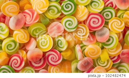 Sweet Sour Candy Photorealistic Horizontal Background. Sweet Dessert From Confectionery. Ai Generated Hyperrealistic Background with Delicious Flavory Sour Candy. 102482474