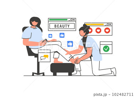 Beauty salon outline web concept with character scene. Woman getting procedure of foot massage in spa. People situation in flat line design. Vector illustration for social media marketing material. 102482711