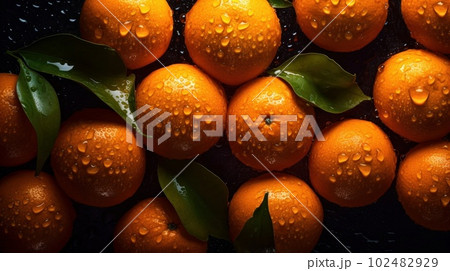 Fresh Organic Mandarin Fruit Photorealistic Horizontal Background. Healthy Vegetarian Diet. Ai Generated Hyperrealistic Background with Delicious Juicy Mandarin Fruit. 102482929